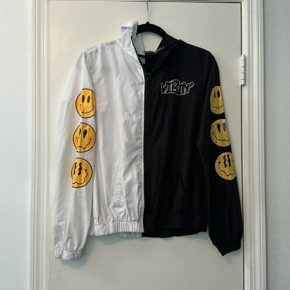 Orange Kiss Black and White Windbreaker Hooded Zip Up Smiley Face Size Small - Picture 1 of 7